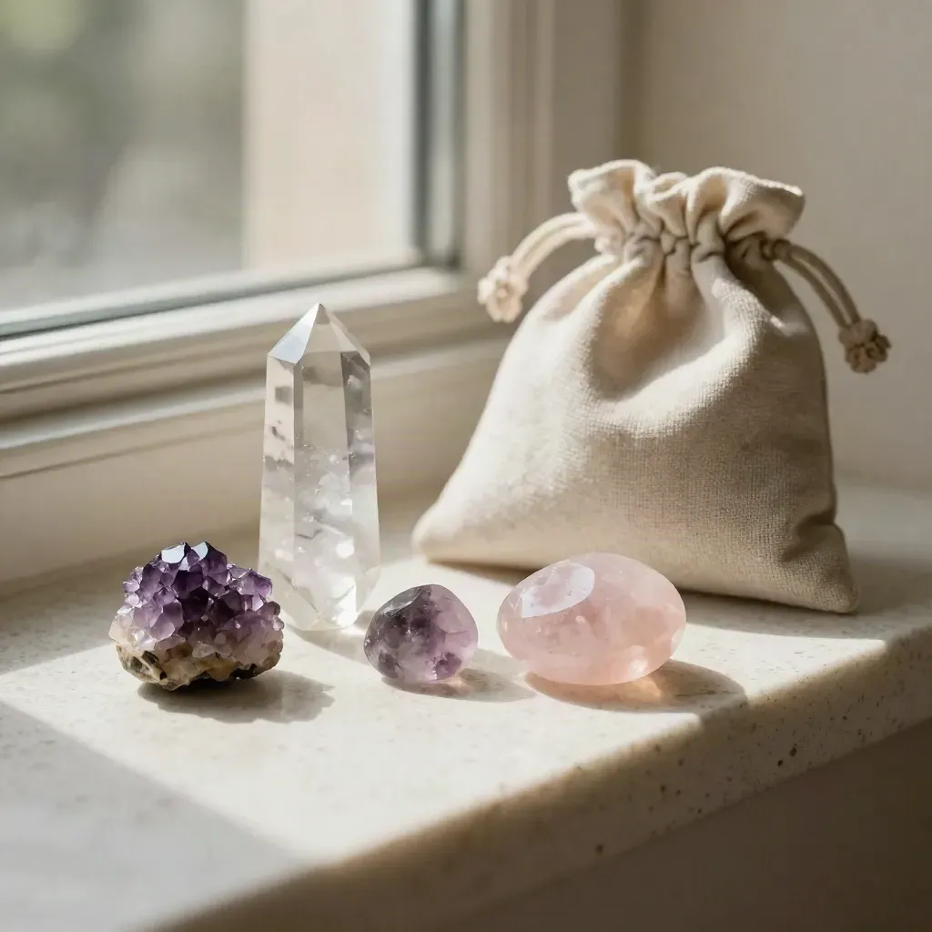 Quartz, amethyst, and rose quartz beside a shell dish and sage linen pouch in warm window light.