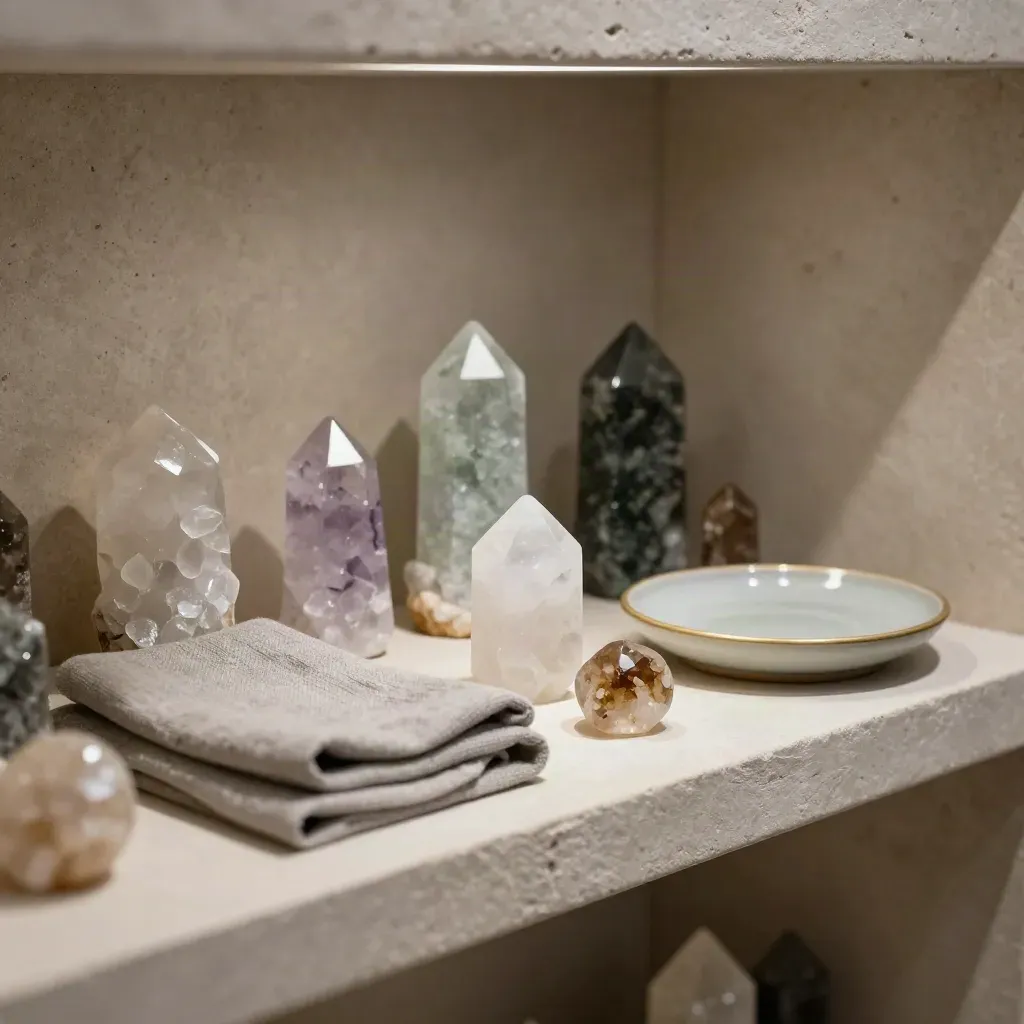 Polished meaning stones on an ash-stone shelf with linen cloth and ceramic dish.