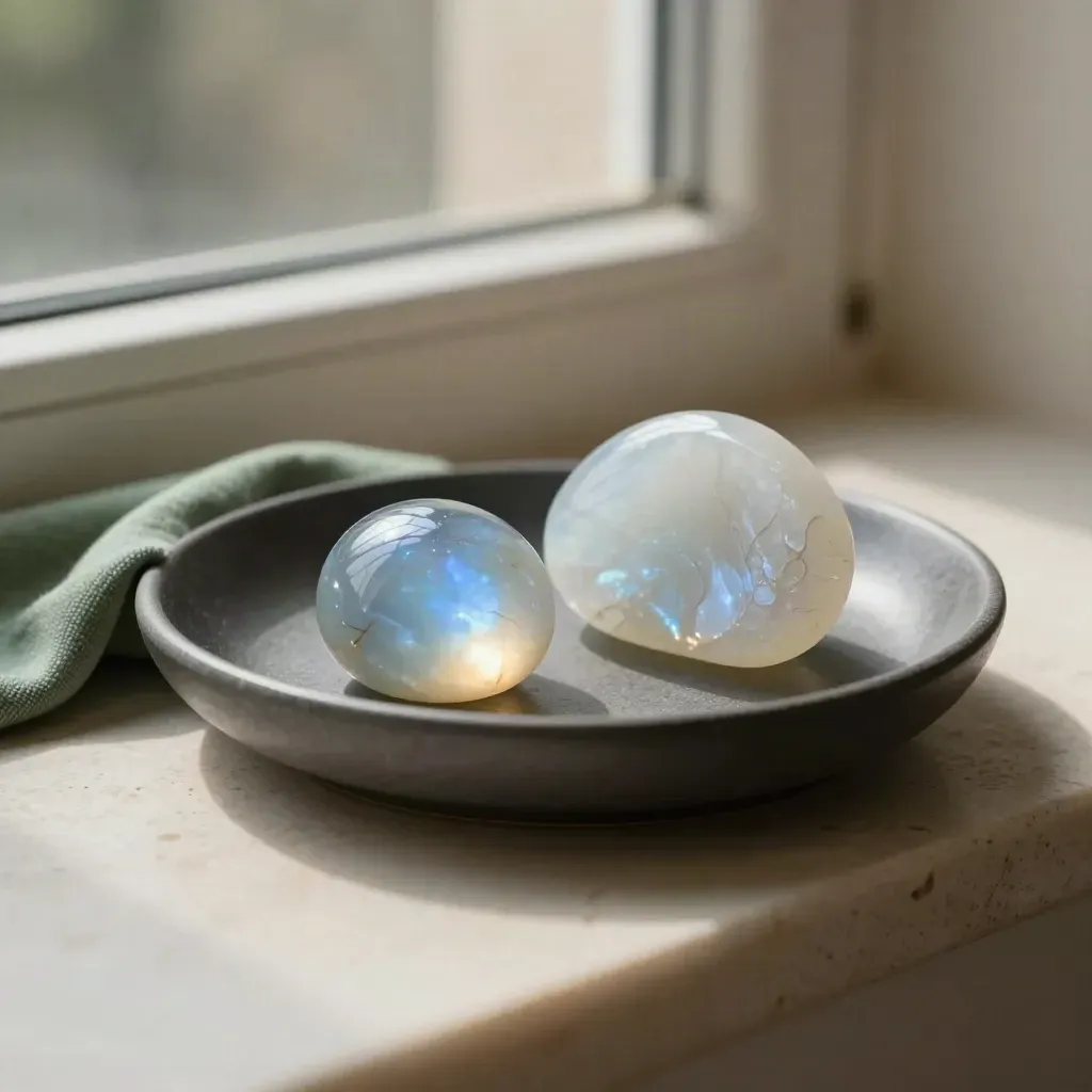 Moonstone cabochon beside feldspar slice in graphite dish with sage cloth by window