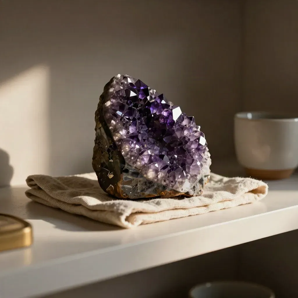 Amethyst cluster on a linen pad beside a ceramic cup, lit by warm late-afternoon shelf light.
