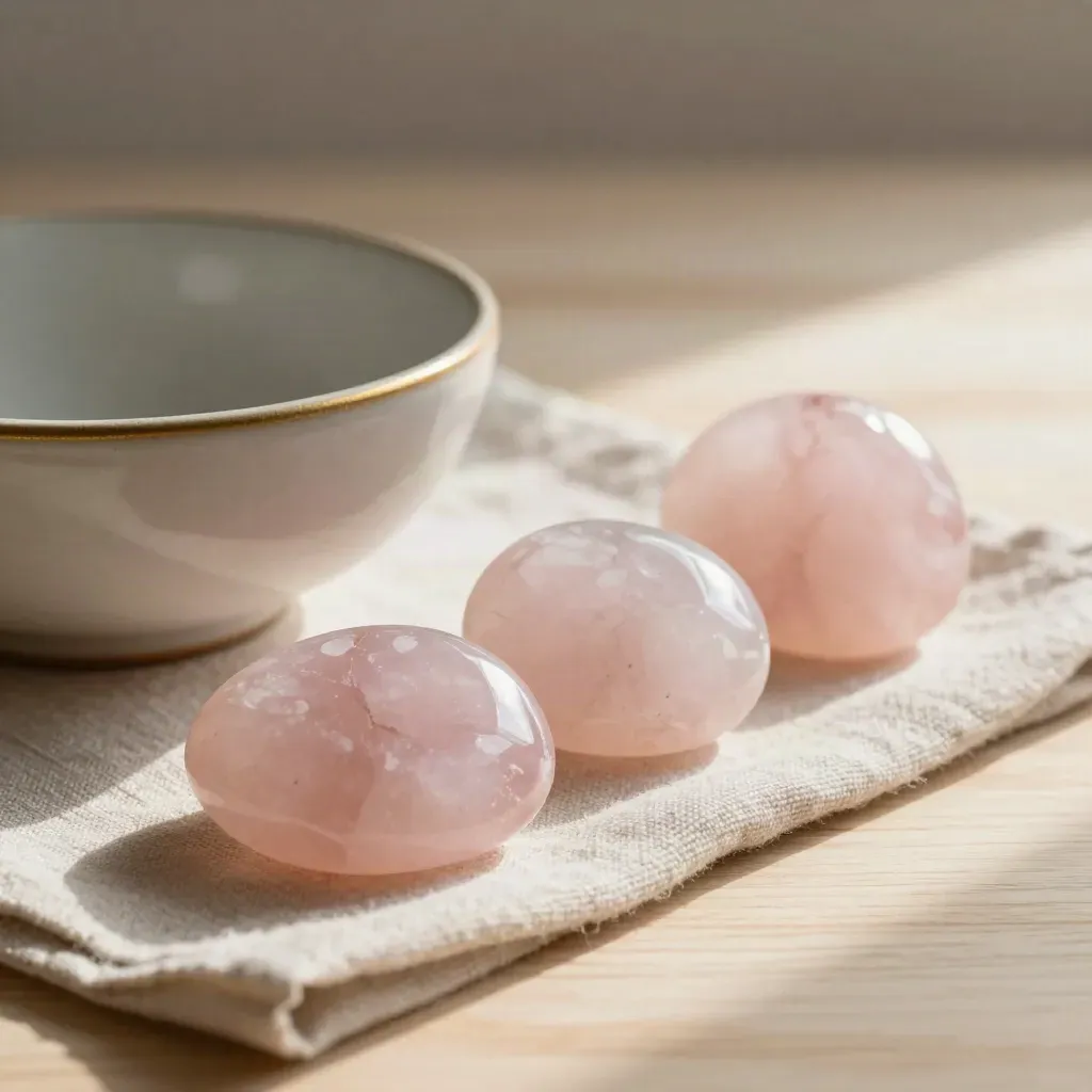 Rose quartz palm stones in a ceramic bowl on linen over pale wood, softly lit with warm dust in the air.