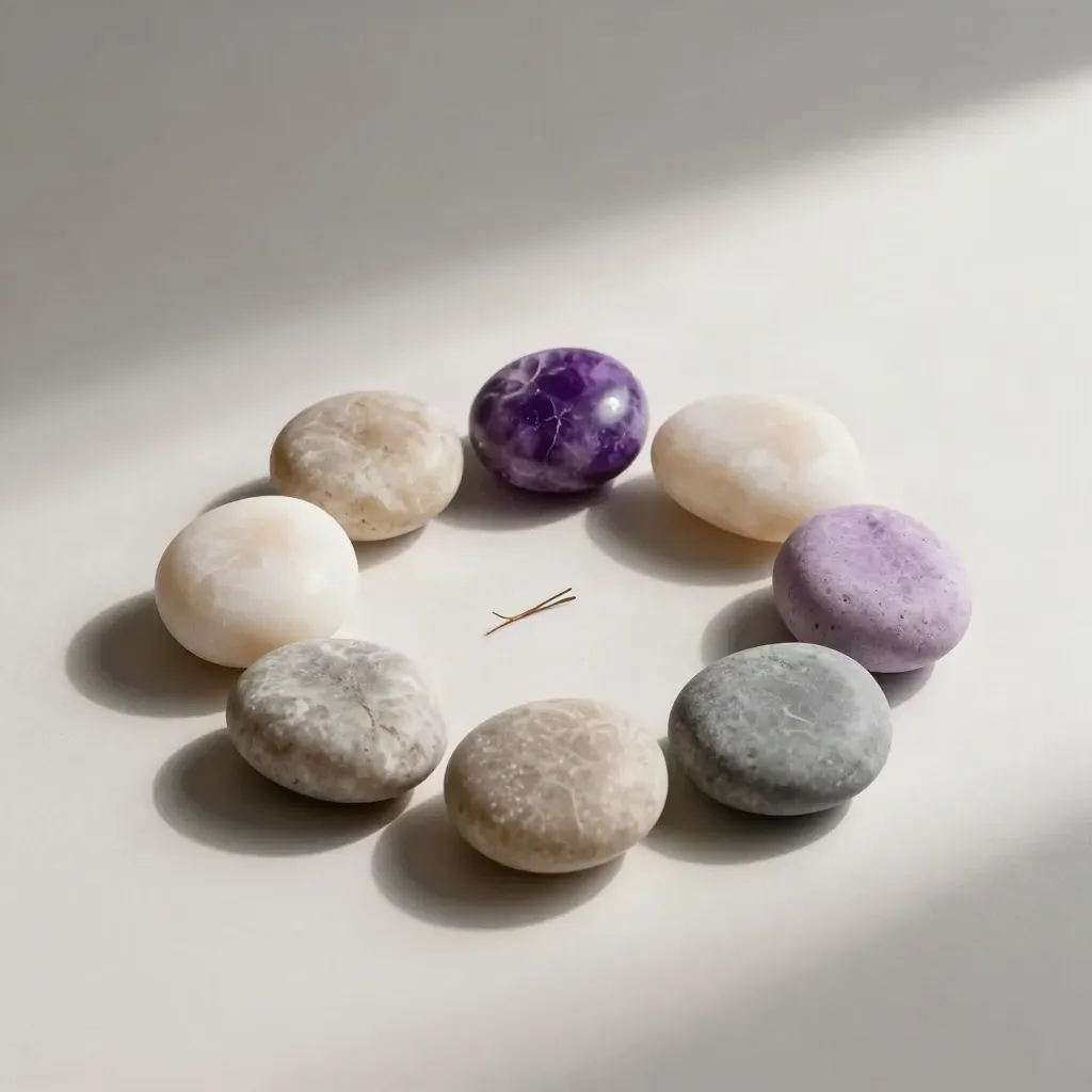 Rainbow chakra stones arc around a small stone dish with a dried stem on plaster.